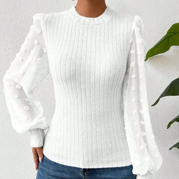 White Casual Women's Round Neck Slim-Fit Top With Mesh Contrast - Picture 5 of 6